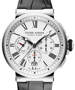 Marine Chronograph Annual Calendar 43mm in Steel On Black Alligator Strap with White Roman Dial