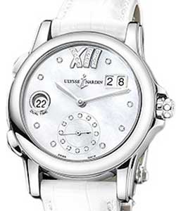 Dual Time Lady Manufacture Automatic in Steel On White Leather Strap with White Mother of Pearl Diamond Dial