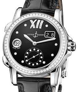 Dual Time Ladies 37.5mm Automatic in Steel with Diamond Bezel On Black Alligator Strap with Black Diamond Dial