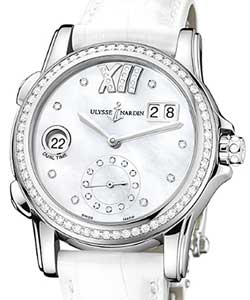Dual Time Manufacture Ladies 37.5mm Automatic in Steel On White Alligator Strap with Mother of Pearl Diamond Dial