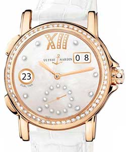 Dual Time Ladies 37.5mm Automatic in Rose Gold with Diamond Bezel On White Alligator Strap with Mother of Pearl Diamond Dial