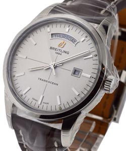 Transocean Day-Date Automatic in Steel on Brown Crocodile Strap with Silver Dial