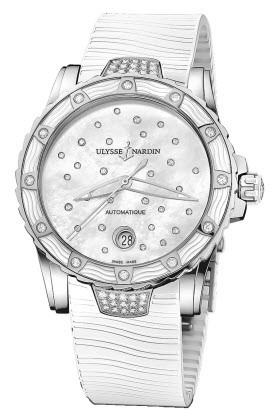 Maxi Marine Diver 40mm Automatic in Steel with Diamonds On White Rubber Strap with MOP Diamond Dial