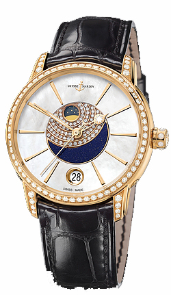 Clasico Lady Luna 35mm Automatic in Rose Gold with Diamond Bezel On Black Alligator Strap with Mother of Pearl Dial