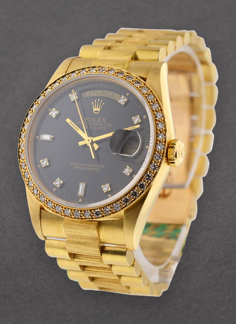 Pre-Owned Rolex President - Day Date - Double Quick - Bark Finish - Yellow Gold - Factory Diamond Bezel