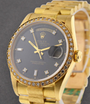 President - Day Date - Double Quick - Bark Finish - Yellow Gold - Factory Diamond Bezel on YG Bracelet - Black Diamond Dial