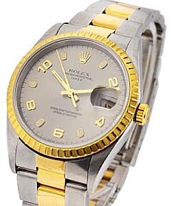 Date 34mm in Steel with Yellow Gold Fluted Bezel on Oyster Bracelet with Rhodium Arabic Dial