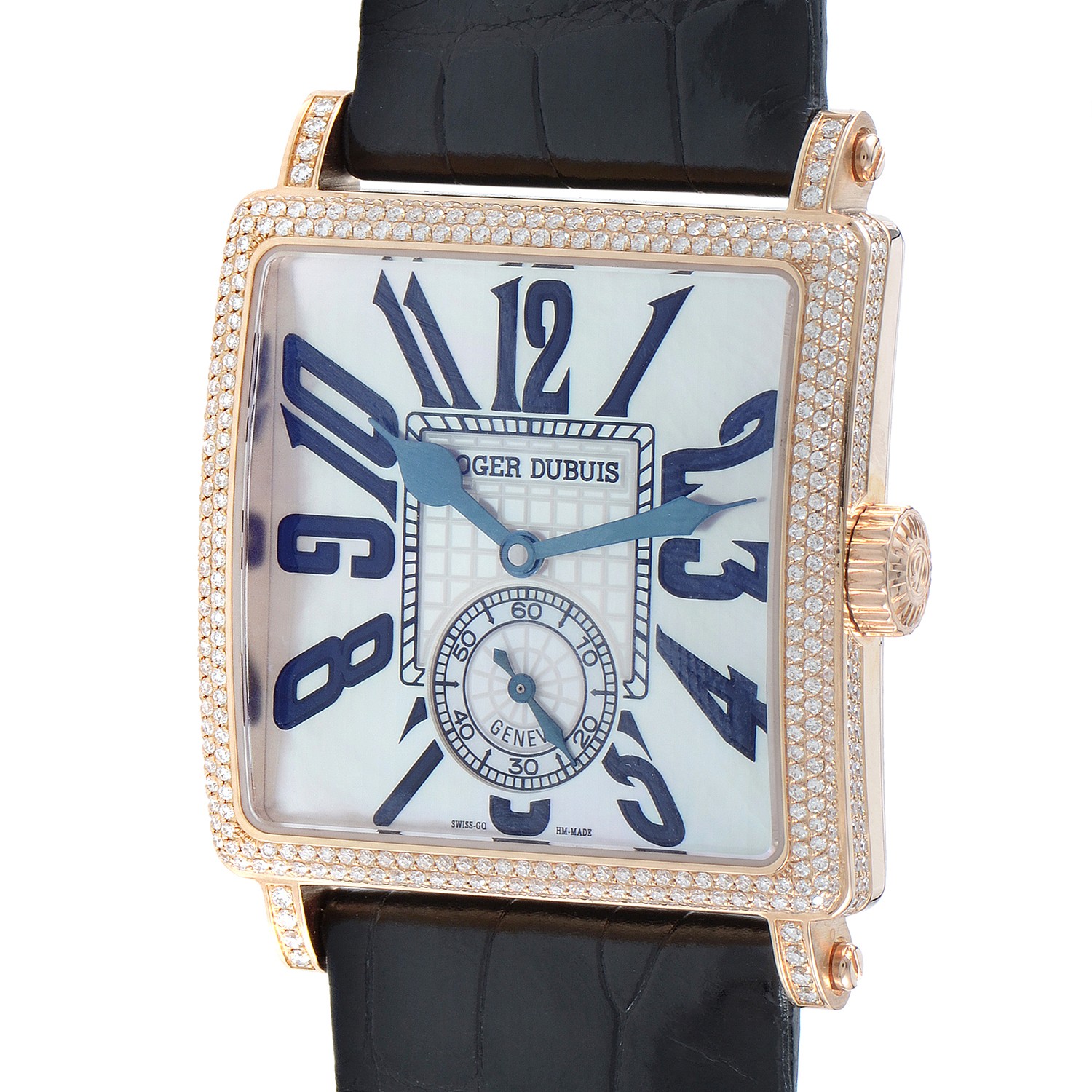 King Square in Rose Gold with Diamond Bezel on Black Leather Strap with Mother Of Pearl Dial