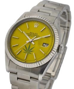 Men's Datejust 36mm in Steel with White Gold Fluted Bezel on Oyster Bracelet with Yellow Marijuana Leaf Dial
