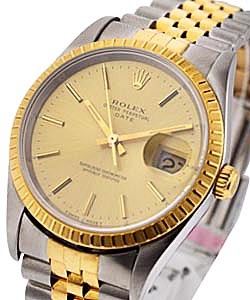 Date 34mm in Steel with Yellow Gold Fluted Bezel on Jubilee Bracelet with Champagne Stick Dial