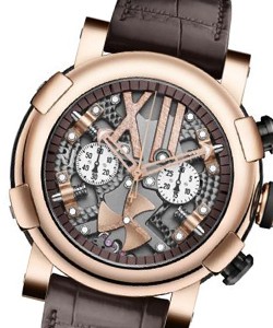 Steampunk Chronograph Full Red in Rose Gold & Black PVD Steel on Brown Leather Strap with Brown Skeleton Dial