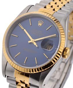 Datejust 36mm in Steel with Yellow Gold Fluted Bezel on Jubilee Bracelet with Blue Stick Dial