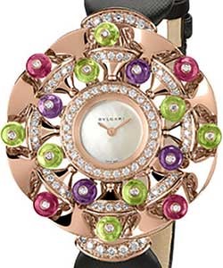 Diva 39mm Quartz in Rose Gold with Diamonds Peridots Ruibilites and Amethysts Beeds On Black Satin Strap with White Mother of Pearl Diamond Dial