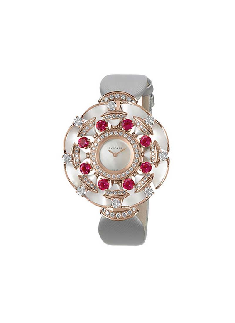 Bvlgari Diva 39mm  in Rose Gold with Diamonds, Round-Cut Rubellite And Mother of Pearl Elements