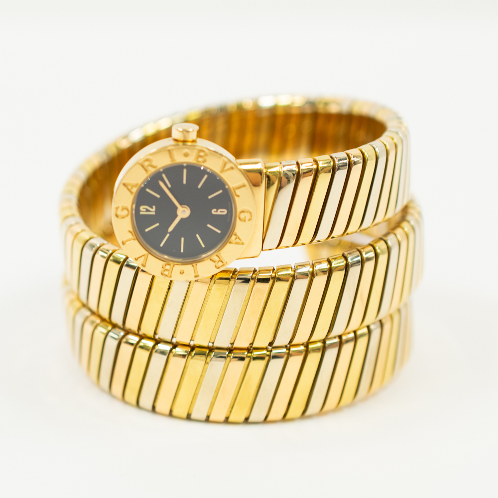 Tubogas 19mm in Tri Gold on Bracelet with Black Dial