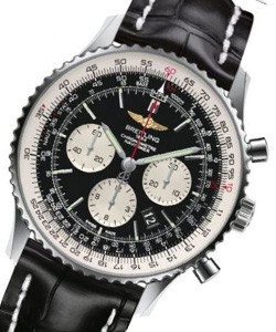 Navitimer 01 Chronograph in Steel on Black Leather Strap with Black Dial and Silver Sub Dials