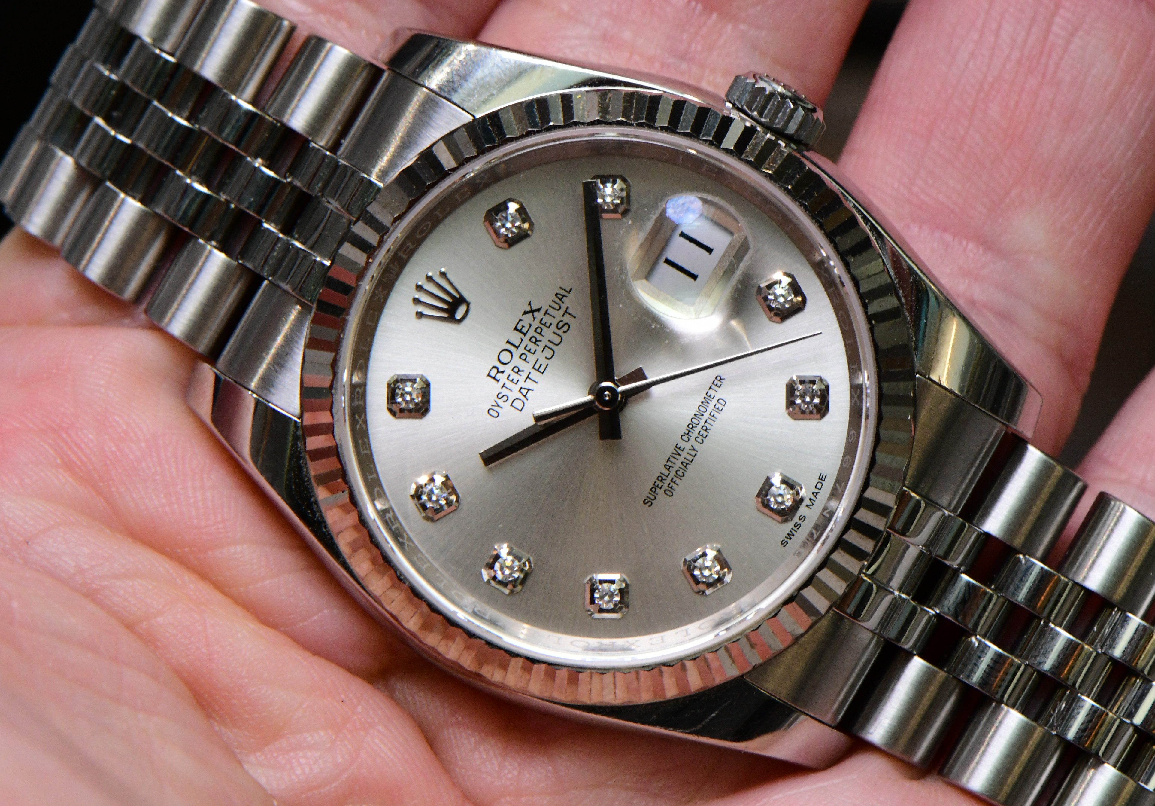 Pre-Owned Rolex Datejust 36mm in Steel with White Gold Bezel on Jubilee Bracelet with Silver Diamond Dial