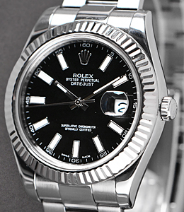 Datejust II in 41mm  Steel with White Gold Fluted Bezel on Oyster Bracelet with Black Stick Dial