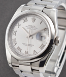 Datejust 36mm in Steel with Smooth Bezel on Oyster Bracelet with Rhodium Roman Dial