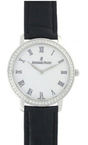 Jules Audemars Ladies 33mm Manual in White Gold with Diamond Bezel On Black Alligator Strap with White Roman Dial