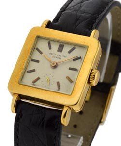 Vintage Square Yellow Gold 2444 - Circa 1952 on Black Leather Strap with Silver Dial