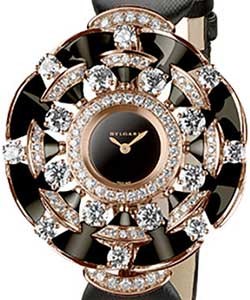 Diva 39mm in Rose Gold with Diamonds and Onyx On Black Satin Strap with Black Lacquered Dial