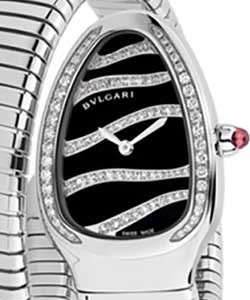 Serpenti Tubogas 35mm in Stainless Steel Set With Diamonds On Spiral Steel Bracelet with Black Lacquered Dial