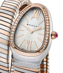Serpenti Tubogas Quartz in Steel and Rose Gold with Diamond Bezel On Steel and Rose Gold Twirl Bracelet with Silver Dial and Gold Markers