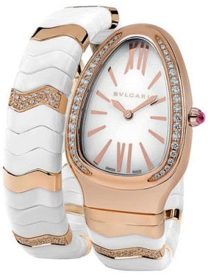 Serpenti Spiga in Ceramic and Rose Gold with Diamond Bezel  On Single Wrap Bracelet with White Lacquered Dial 