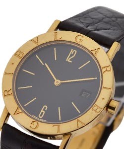 Bvlgari-Bvlgari 33mm Quartz with Date in Yellow Gold on Black Alligator Leather Strap with Black Dial