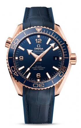 Seamaster Planet Ocean Mens 43.5mm Automatic in Rose Gold On Blue Alligator Leather Strap with Blue Analog Dial