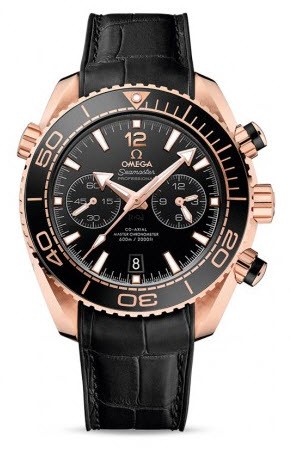 Semaster Planet Ocean Chronograph Mens 45.5mm Automatic in Rose Gold On Black Alligator Leather Strap with  Black Dial