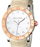 Bvlgari Mens 33mm Automatic in Steel and Rose Gold on Beige Leather Strap with White Mother of Pearl Dial