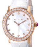 Bvlgari Ladfies 33mm Automatic in Rose Gold with Diamond Bezel On White Alligator Strap with Whit Mother of Pearl Diamond Dial