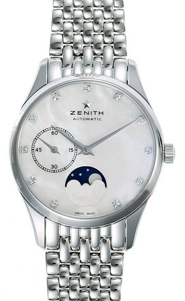 Class Elite Lady Ultra Thin Moonphase 33m in Steel On Steel Bracelet with White Mother of Pearl Diamond Dial