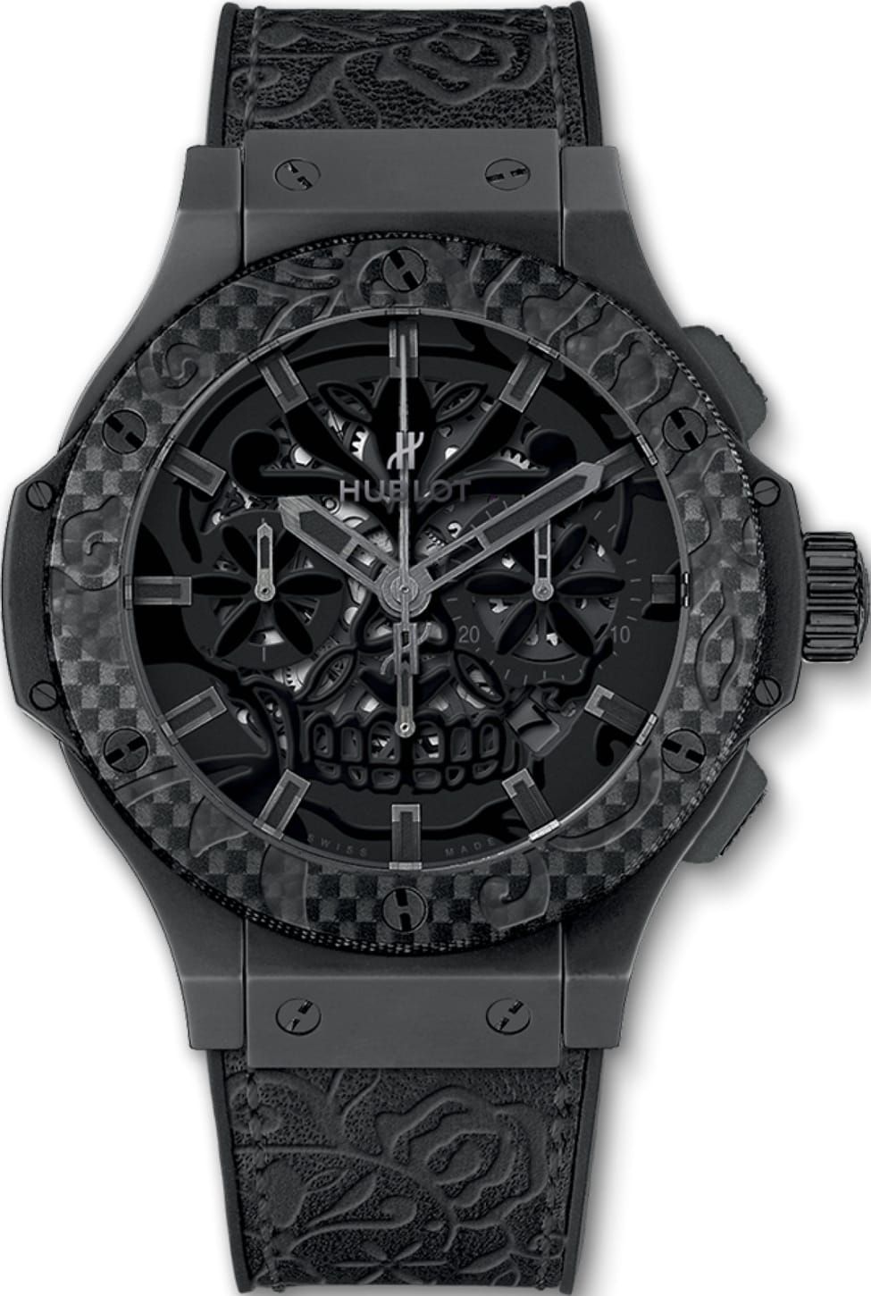 Big Bang Aero Bang Sugar Skull 44mm Automatic in Black Ceramic On Black Calfskin leather Strap with Black Skeleton Dial