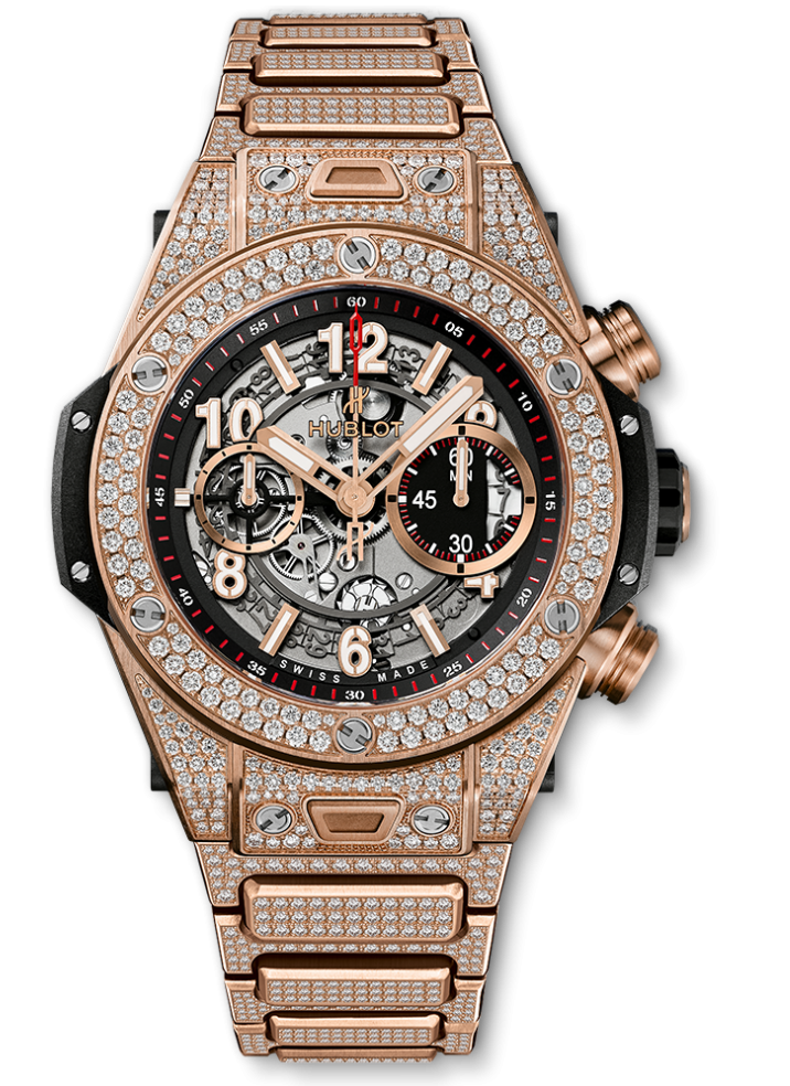 Big Bang Unico King Gold 45mm Automatic in Rose Gold with Diamond Bezel On Rose Gold Diamond Bracelet with Skeleton Dial