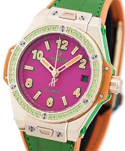 Big Bang One Click Pop Art in Rose Gold with Gemstone Diamond Bezel  On Green Alligator Strap with Pink Arabic Dial