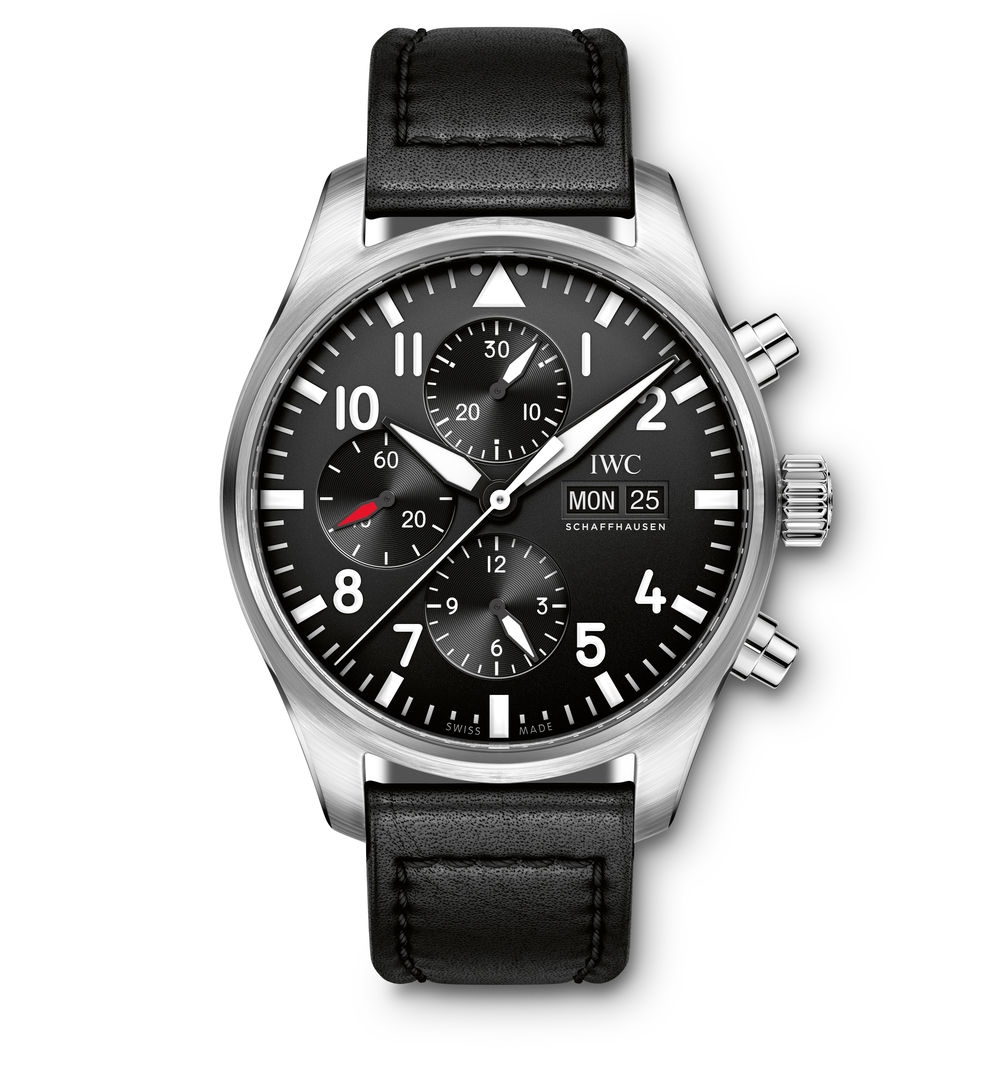 Pilots Chronograph 43mm Automatic in Steel on Black Calfskin Leather Strap with Black Dial
