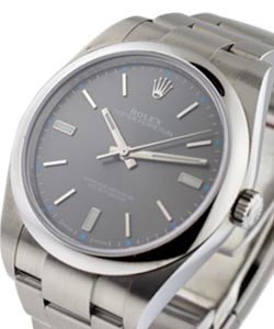 Oyster Perpetual 39mm in Steel with Domed Bezel on Oyster Bracelet with Dark Rhodium Stick Dial