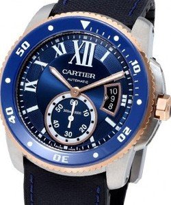 Calibre de Cartier Diver in Steel with Rose Gold Bezel On Blue Leather and Rubber Strap with Blue Dial