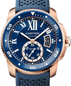 Calibre de Cartier Mens 42mm Automatic in Rose Gold On Blue Rubber Strap with Blue Dial