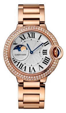 Ballon Bleu Moonphase Ladies 37mm Automatic in Rose Gold with Diamond Bezel On Rose Gold Bracelet with Silver Roman Dial