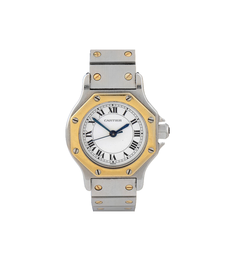 Santos Ocatagon ladies Automatic in Steel with Yellow Gold Bezel On Steel Bracelet and Yellow Gold Screw with White Roman Dial
