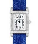 Tank Synowers Ladies QUartz in White Gold with Diamond Bezel On Blue Leather Strap with Diabesel Shell Roman Dial