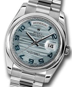President - Day Date 36mm - Platinum - Domed Bezel  on New Style Platinum Bracelet with Ice Blue Arabic Wave Dial