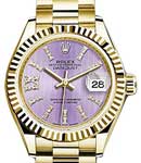 President 28mm in Yellow Gold with Fluted Bezel on President Bracelet with Lilac Diamond Dial