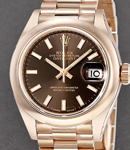 Datejust 28mm Automatic in Rose Gold with Domed Bezel on Rose Gold President Bracelet with Chocolate Stick Dial