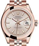 Datejust Ladies 28mm Automatic in Rose Gold with Domed Bezel on Rose Gold Jubilee Bracelet with Pink Sundust Stick Dial