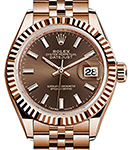 Datejust 28mm Automatic in Rose Gold with Fluted Bezel on Rose Gold Jubilee Bracelet with Chocolate Stick Dial